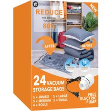24 Pack Vacuum Storage Bags with Electric Pump, (5 Jumbo, 5 Large, 5 Medium, 5 S