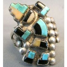 NATIVE AMERICAN ZUNI INLAY KACHINA RAINBOW DANCER STERLING SILVER RING SIZE 8