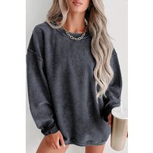 Gray Solid Ribbed Knit Round Neck Pullover Sweatshirt