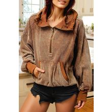 Chestnut Half Zipper Kangaroo Pocket Drawstring Corduroy Hoodie