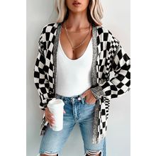 Black Checkered Open Front Drop Shoulder Cardigan