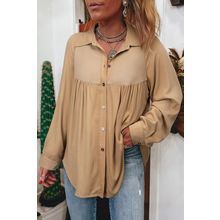 Light French Beige Waffle Patchwork Button Up Frayed Hem Shirt