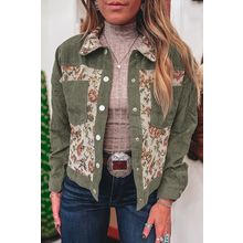 Sage Green Ribbed Retro Floral Patchwork Shirt Style Jacket