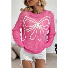 Sachet Pink Sweet Bow Decor Hollow Out Knitted Drop Shoulder Sweater