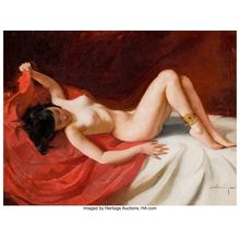 MARIA SZÁNTHÓ (Hungarian, 1898-1984). Reclining Nude on Red Blanket. Oi Poster C