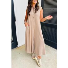 Smoke Gray Textured Buttoned Wide Leg Sleeveless Jumpsuit