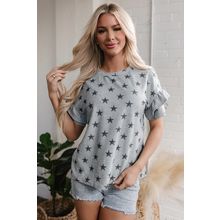 Gray Star Print Tiered Ruffled Sleeve Crew Neck T Shirt