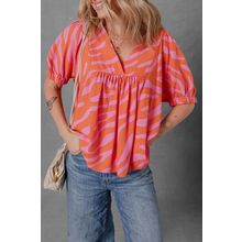Orange Zebra Stripe Print Ruched Cuff Half Sleeve V Neck Blouse