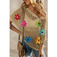 Light French Beige Crochet Flower Hollow-out Sweater T Shirt