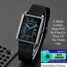 Gents Square Tank Face Date Blue Numbers Steel Back Black Leather Strap Watch