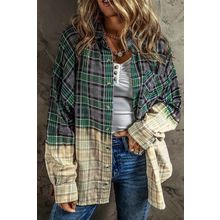 Blackish Green Contrast Plaid Patchwork Chest Pocket Button up Shacket