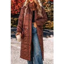 Coffee Quilted Puffer Stand Neck Zipped Mid-length Coat