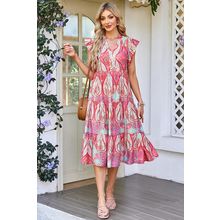 Rose Tribal Paisley Print Ruffled Sleeve Notch Neck Midi Dress