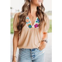 Pale Chestnut Crochet Floral V Neck Textured Short Sleeve Blouse