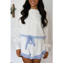 White Plaid Ruffled Patchwork Drop Shoulder Pullover and Drawstring Elastic Wais