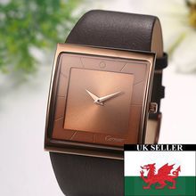Gents Luxury Large Bronze Square Face Wide Brown Genuine Leather Strap Watch