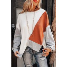 Khaki Colorblock Stitching Irregular Hem Long Sleeve Top