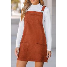 Cinnamon Solid Front Pockets Sleeveless Corduroy Overall Dress