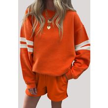 Orange Varsity Striped Sleeve Drop Shoulder Sweatshirt and Short Set