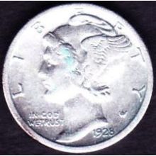 1928 S USA 10 Cents Silver Coin Mercury