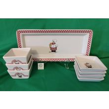 8 PIECE SET PORCELAIN TASTING or DIPPING SET RED CHECKERBOARD CHEF MOTIF