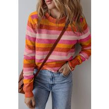 Orange Color Block Ribbed Edge Round Neck Sweater