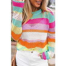 Rose Red Colorblock Patchwork Knit Crochet Eyelet Sweater