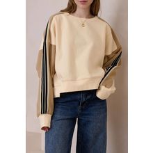 Beige Contrast Striped Patchwork Drop Shoulder Loose Sweatshirt