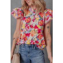 Multicolour Lace Trim Ruffle Short Sleeve Floral Blouse