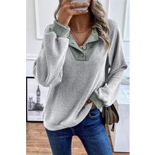 Light Grey Color Contrast Ribbed Loose Fit Long Sleeve Top