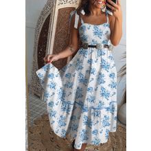 Sky Blue Floral Print Shirred Knot Shoulder Sleeveless Long Dress