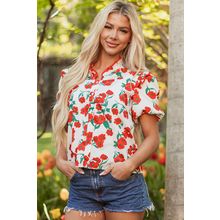 Red Floral Print Ruffled Puff Sleeve Elegant Summer Shirt