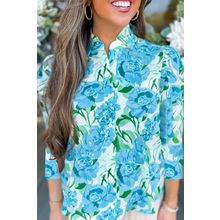 Green Floral Frilled Collar Three Quarters Sleeve Elegant Shirt