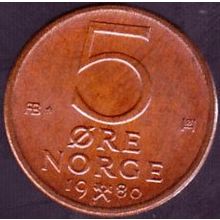 1980 Norway 5 Ore Coin