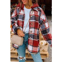 Red Hooded Plaid Button Front Shacket