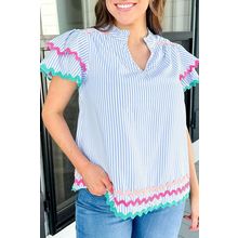 Sky Blue Stripe Ricrac Trim Split Neck Striped Ruffled Sleeve Blouse