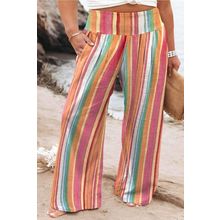 Orange Stripe Plus Size Boho Smocked Waist Loose Pants