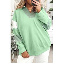 Moonlight Jade Color Block Striped Patchwork Collar V Neck Plus Size Sweatshirt