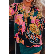 Black Floral Print Smocked Cuffs Puff Sleeve V Neck Blouse