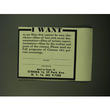 1950 Cinema 16 Film Society Advertisement - I Want