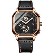 BINBOND B6577 30M Waterproof Luminous Square Quartz Watch, Black Leather-Rose Go