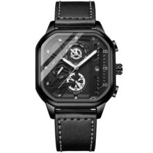 BINBOND B6577 30M Waterproof Luminous Square Quartz Watch, Black Leather-Rose Go