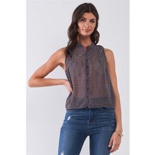 Women's Purple & Multi Sleeveless Mock Neck Front Button Down Sheer Blouse Top