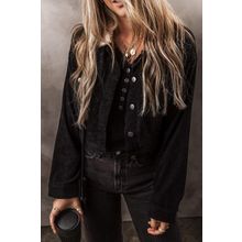 Black Fleece Lined Button-up Collared Corduroy Crop Jacket