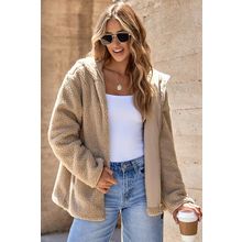Pale Khaki Fleece Zip Up Drawstring Hooded Pocketed Jacket