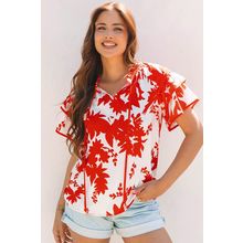 Red Plant Print Tiered Ruffled Sleeve V Neck Blouse