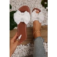 White Bow Knot Decor PU Leather Insole Flat Slippers