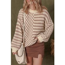 Khaki Stripe Checkerboard Drop Shoulder Balloon Sleeve Sweater