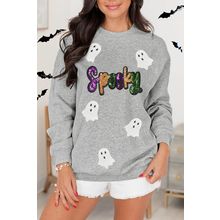 Gray Spooky Halloween Ghost Sequin Patched Sweatshirt