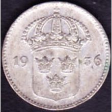 1936 Sweden 10 Ore Silver Coin